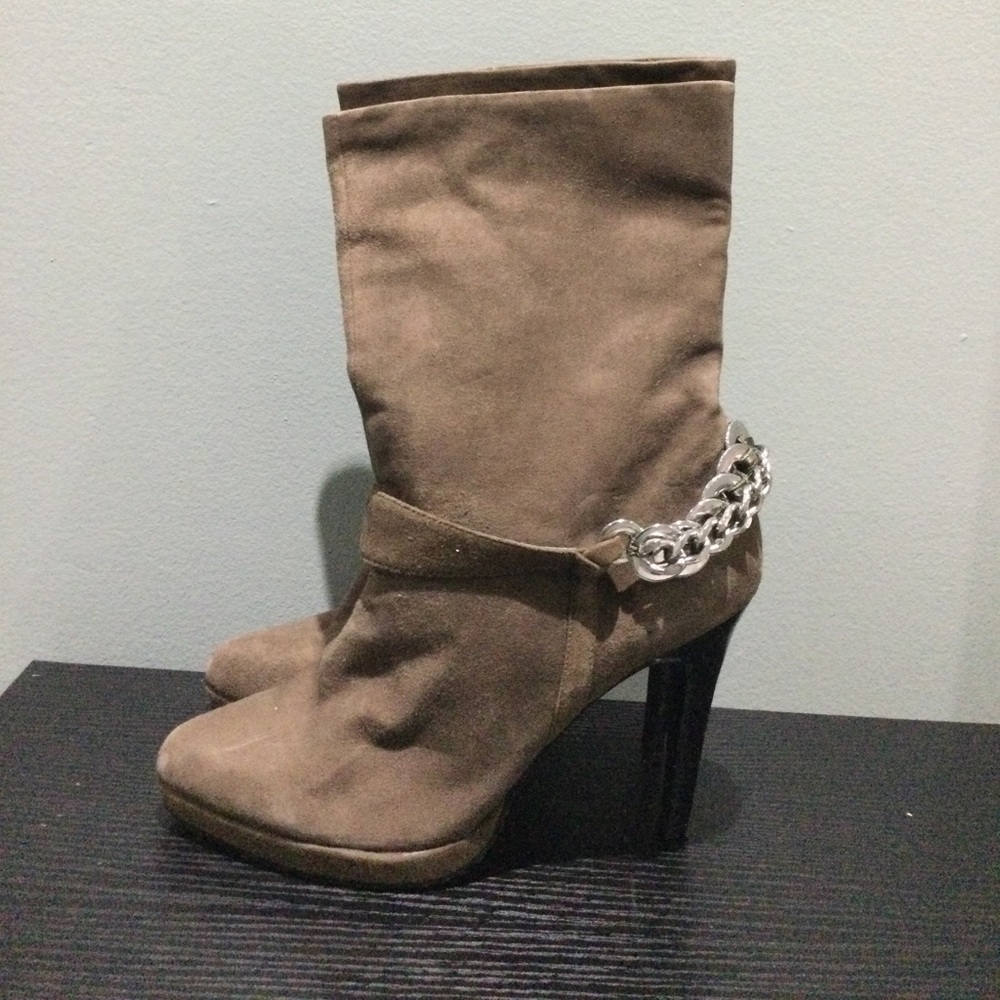 Calvin Klein Suede Brown Heeled Boots with Chain Detail - Picture 4 of 6